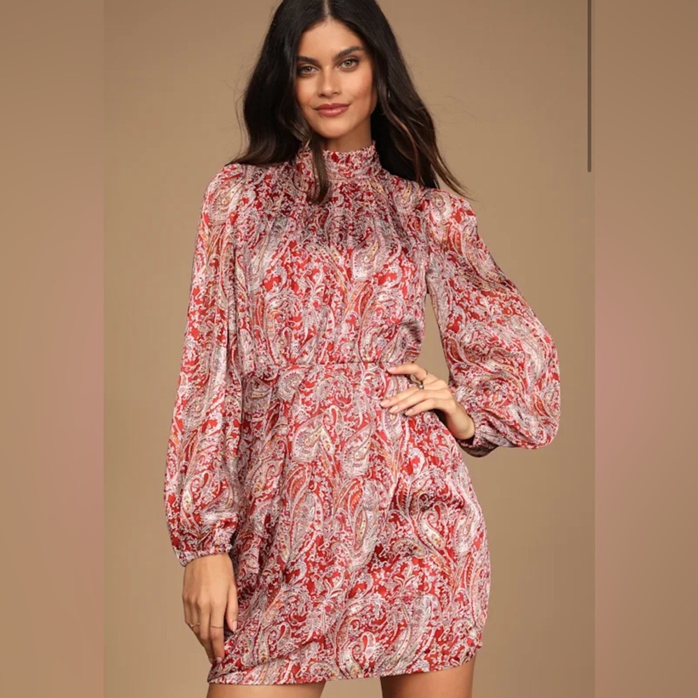 Lulu's Red Paisley Long Sleeve Dress